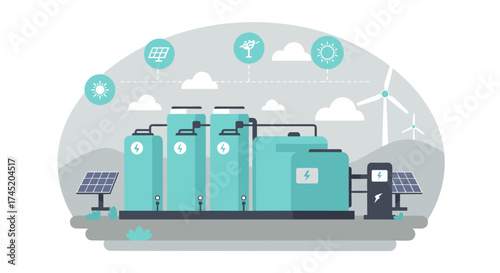 Sustainable energy concepts featuring solar panels and wind turbines in a modern flat design