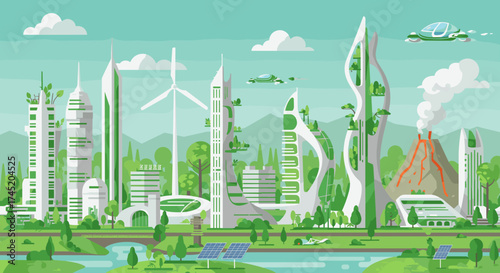 Futuristic eco-friendly cityscape with green architecture and flying vehicles