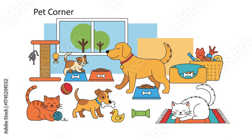 Various pets in a pet corner, including dogs and cats, playing and resting.