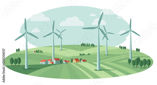 Green energy landscape with wind turbines and idyllic countryside scenery
