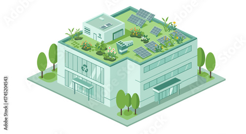 Eco-friendly green building with rooftop garden and solar panels in isometric style