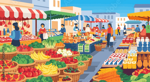 Vibrant outdoor market scene showcasing fresh produce and bustling activity.