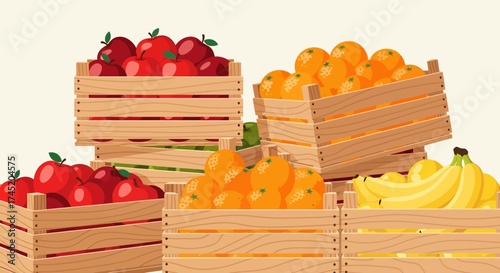 Wooden crates filled with fresh fruits ready for sale at the market.