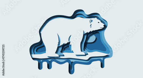 Polar bear standing on ice in layered paper cut style with dripping melt effect