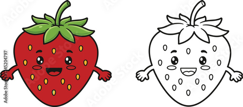 Cartoon strawberry character with happy face, red fruit holding arms and green leaves, black-and-white outline version, kids coloring book vector