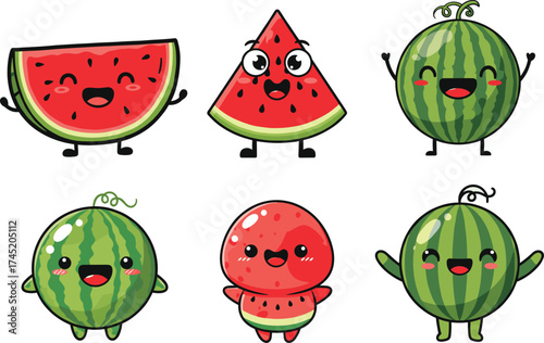 Cartoon watermelon character illustration set, six expressive designs with slices, full fruits, smiling faces and blush cheeks, fruit vector asset, sticker icon