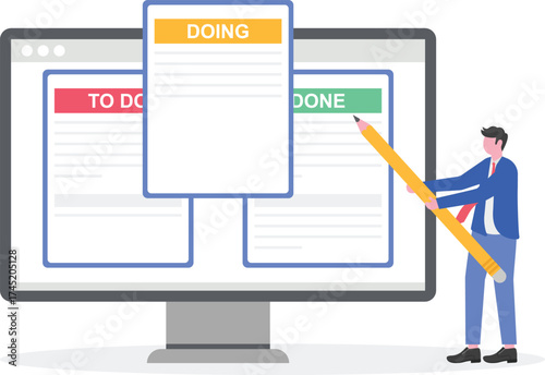 Business people review project progress on kanban board
