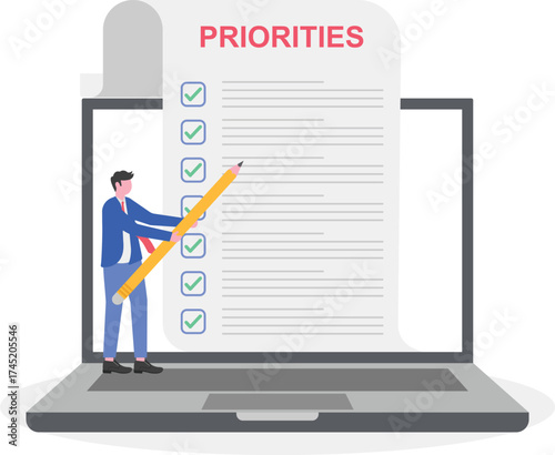 Business productivity, time management, task prioritization concept with character

