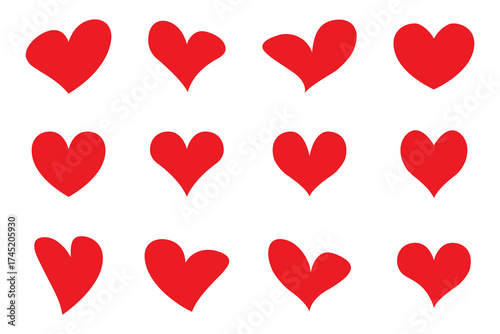Set of hearts in red color. Love heart. Romance or valentine's day red heart. Heart collection. Vector illustration