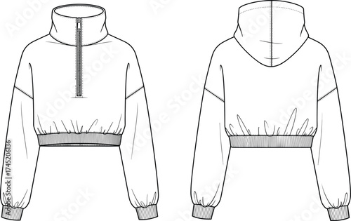 Cropped pullover hoodie illustration, half-zip front with high collar, gathered hem and elastic cuffs, front and back view, fashion garment vector