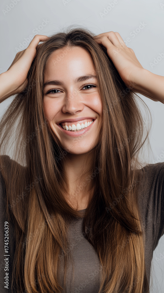 Fototapeta premium Smiling young woman with long hair looking at camera in natural light. 