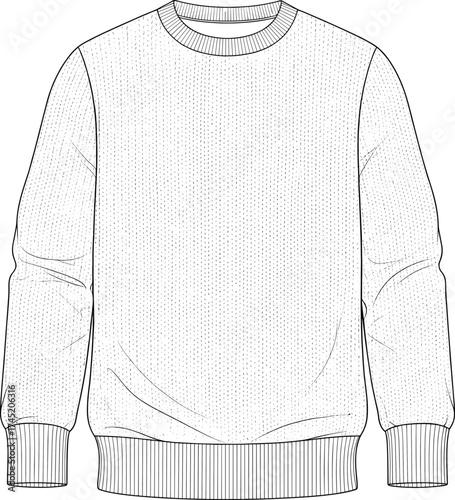 Crewneck sweatshirt illustration, ribbed neckline, cuffs and waistband, fine line texture detailing, fashion garment vector, technical sketch template