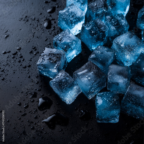 Crushed and Cubed Ice with Blue Highlights on Black Background in Top-Down Composition