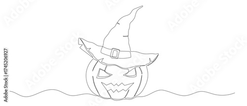 Pumpkin and wizard hat one continuous line illustration. Hand drawn vector sketch isolated on white background. Halloween design