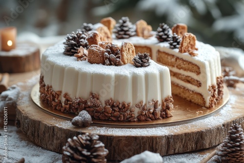 Cake with white frosting and chocolate topping.