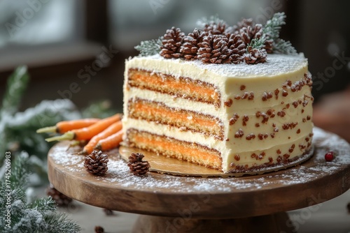 Slice of cake on wooden plate.