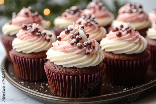 Plate with cupcakes topped with frosting.