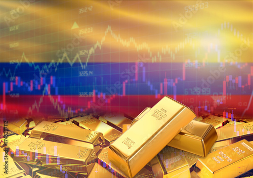 Gold bars on Colombia flag in background. Gold bars stacked on Colombian flag. Concept of Colombia gold reserves