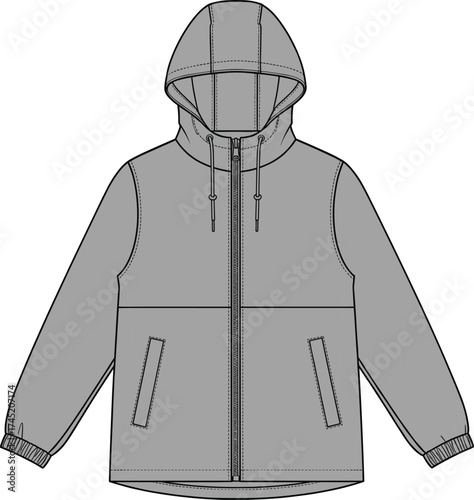 Hooded jacket illustration, front zipper closure with vertical zippered pockets, elastic cuffs and curved hem, fashion garment vector, technical sketch
