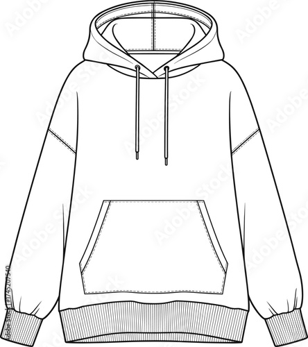 Hooded sweatshirt illustration, kangaroo pocket and drawstring hood, dropped shoulders with ribbed cuffs and hem, fashion garment vector, technical sketch