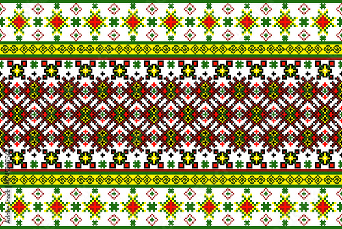 Intricate cross-stitch pattern geometric motifs on featuring traditional folk-inspired symmetrical designs and borders. Geometric pixel art seamless colorful pattern. Vector ethnic motifs. Pixelated 