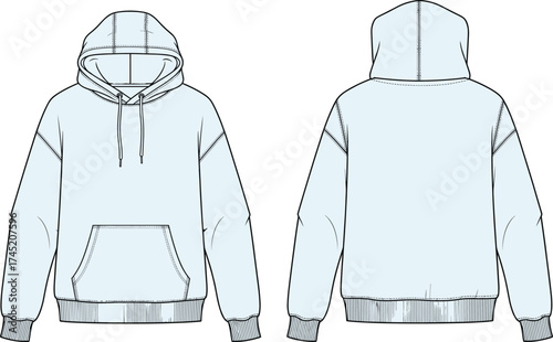 Hooded sweatshirt illustration, kangaroo pocket front, ribbed cuffs and hem, drawstring hood design, front and back view, fashion garment vector