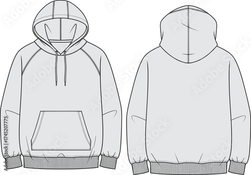 Hooded sweatshirt illustration, raglan sleeves with kangaroo pocket and drawstring hood, ribbed cuffs and hem, front and back view, fashion garment vector