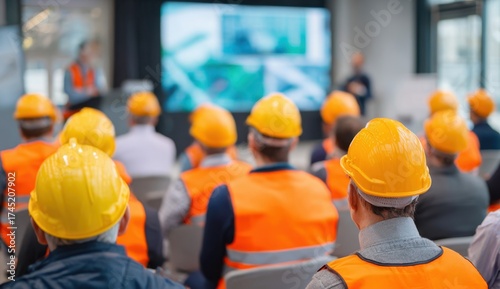 Group of construction workers wearing safety helmets and vests attending training session