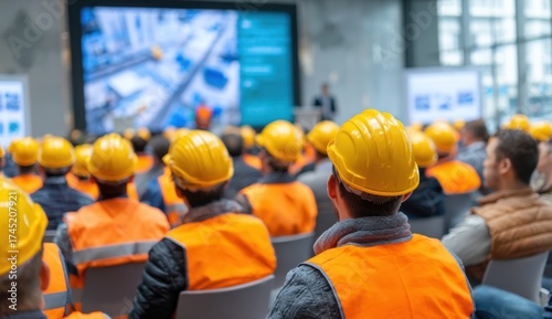 Group of construction workers wearing yellow helmets watching safety training presentation