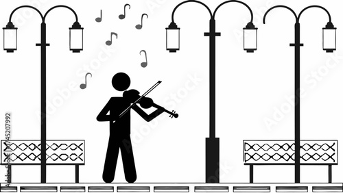 Enchanting street musician serenading the night with violin melodies under the lamplight atmosphere