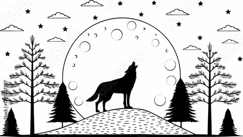 Ethereal wolf howling at the moon graphic, dreamy starry night with trees, serene nature scene