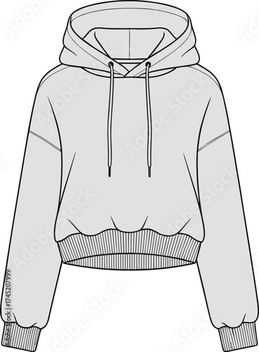  Hoodie illustration, drawstring hood and ribbed cuffs, dropped shoulder design, relaxed fit sweatshirt, fashion garment vector, technical sketch