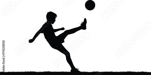 Child kicking soccer ball silhouette illustration, playful motion and sport activity concept artwork for lifestyle, youth, and recreation design