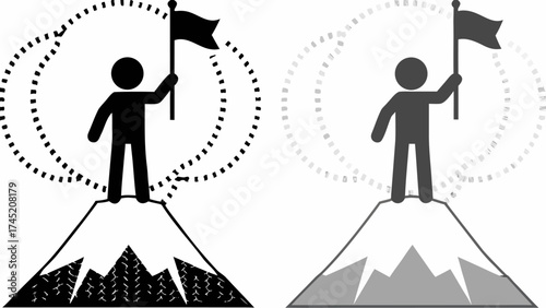 Triumphant achievement icon conquering mountain peak holding flag, symbolizing success journey
