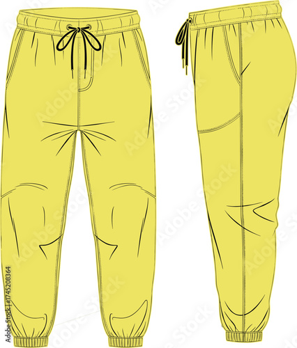Jogger pants illustration, yellow with elastic waistband, drawstring and seam detailing, ribbed cuffs, front and side view, fashion garment vector