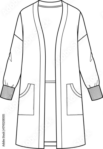 Long cardigan coat illustration, open-front design with dropped shoulders and patch pockets, ribbed cuffs and hem, fashion garment vector, technical sketch