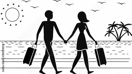 Romantic getaway to paradise with couple holding hands walking toward palm trees with luggage