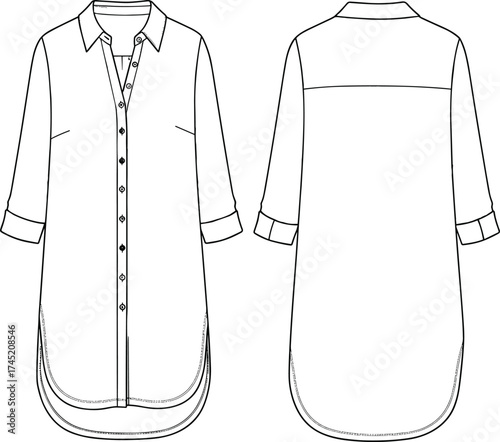 Long button-down shirt technical drawing, front and back views with high-low hemline, rolled sleeves, layered hem, fashion vector, garment construction asset