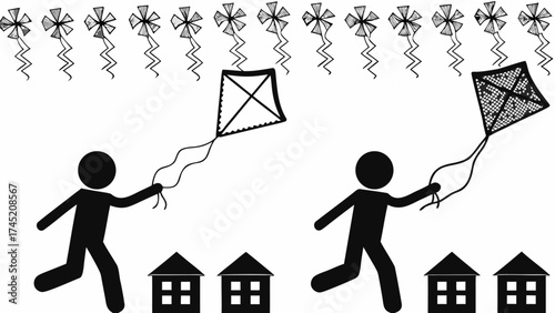 Happy children flying kites graphic, carefree childhood joy, wind power fun, simple vector art