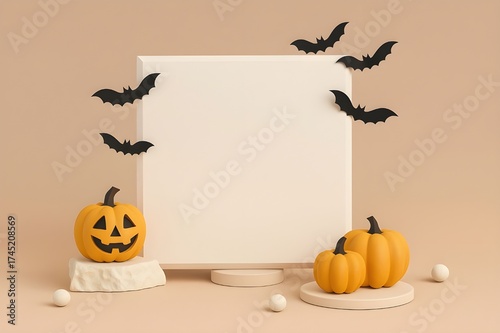 3D Halloween Background with Blank Billboard, Pumpkins, and Bats | Minimal Geometric Display for Holiday Promotion