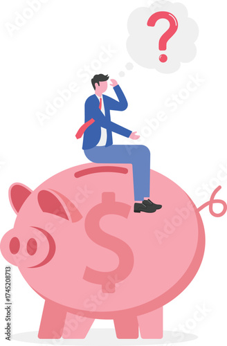 Confused businessman with piggybank and question marks

