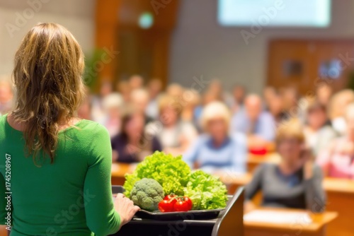 Woman Speaking at Conference with Fresh Vegetables on Podium.