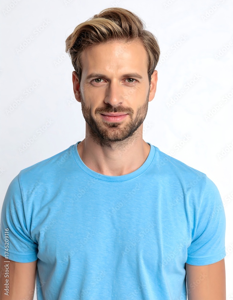 Fototapeta premium Smiling Fair-Haired Male in Light Blue T-Shirt on White BG