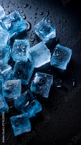 Crushed and Cubed Ice with Blue Highlights on Black Background in Top-Down Composition