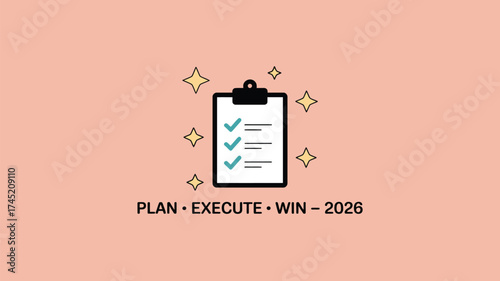 A clipboard with check marks and stars on a peach background with plan execute win text below it