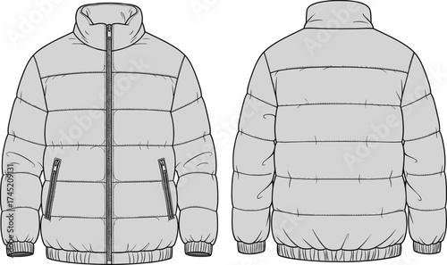 Puffer jacket illustration, horizontal quilted design with high collar, zip pockets and ribbed cuffs, front and back view, fashion garment vector