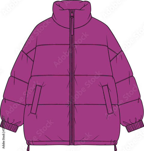 Puffer jacket illustration, purple with quilted insulation and high collar, front zipper closure and drawstring hem, fashion garment vector, digital mockup