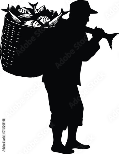 Person carrying basket of fish silhouette illustration, traditional fishing and rural livelihood concept artwork for lifestyle, culture, and sustainability design