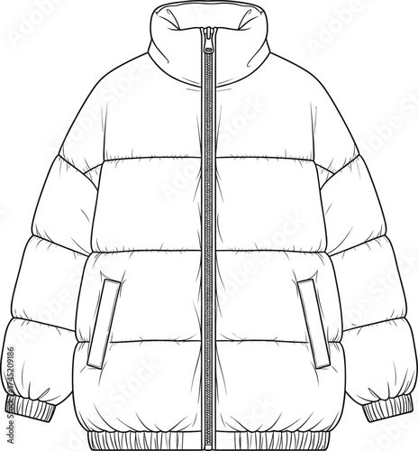 Puffer jacket illustration, quilted design with high collar, ribbed cuffs and hem, slanted side pockets, fashion garment vector, technical sketch