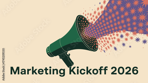 Green megaphone with stars emanating from it on a beige background for marketing kickoff announcement